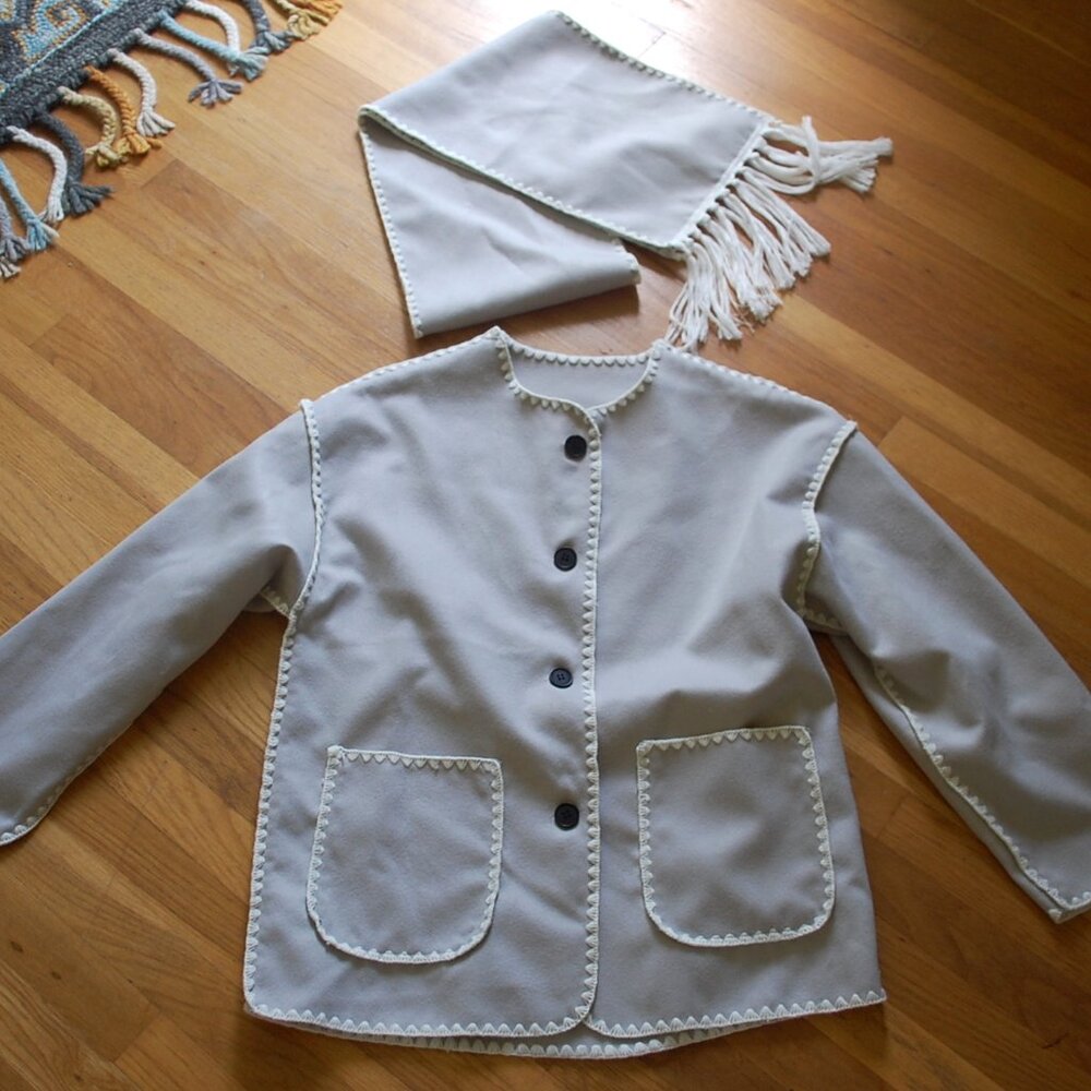 Grey Blue White Contrast Embroidered Woolen Look Coat Scarf Set Tassels